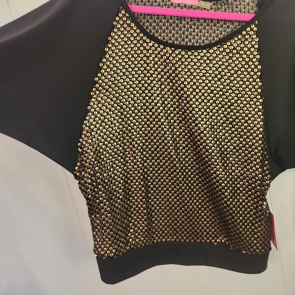 Isaac Mizrahi Black Ponte Gold Sequin Crew Pullover Sweatshirt New Size Medium - Picture 4 of 9